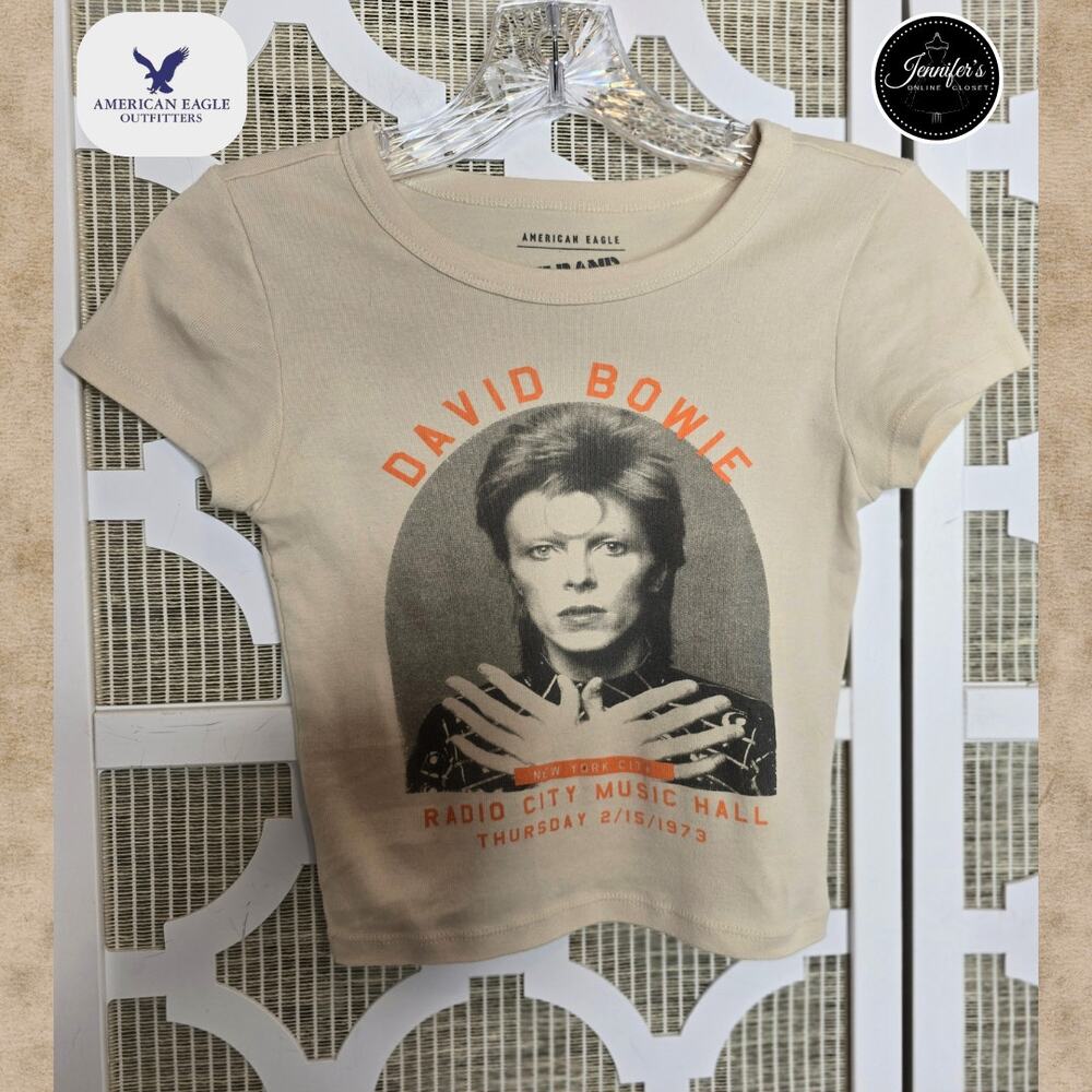American Eagle AE Brand *Tee* Cream David Bowie Cropped T-Shirt Size XS